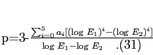 \begin{equation}
p=3-{\sum_{i=0}^5 a_i[(\log E_1)^i - (\log E_2)^i]\over \log E_1-
\log E_2}\quad.
\end{equation}