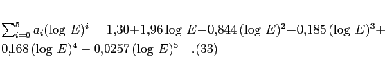 \begin{eqnarray}
\sum_{i=0}^5 a_i(\log E)^i & = &1,\!30+1,\!96\log E -
0,...
...umber\\
& & 0,\!168 (\log E)^4 -0,\!0257 (\log E)^5\quad.
\end{eqnarray}